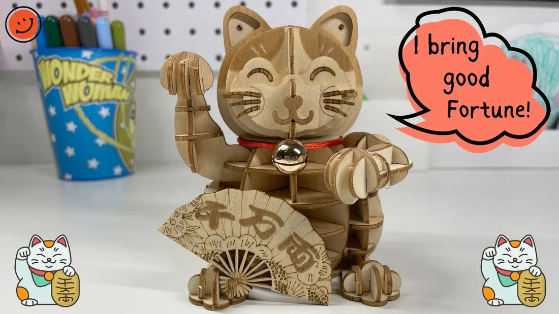 Wooden Puzzle Lucky Cat (Maneki Neko) - 3D Japanese Good Fortune Display - 72-Piece Building Kit