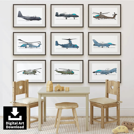 Set of 9 Military Aircraft Digital Prints – Fighter Jets & Helicopters, Air Force Wall Art