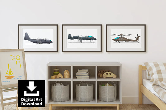 Set of 3 Military Aircraft Digital Prints – Fighter Jets & Helicopters, Air Force Wall Art