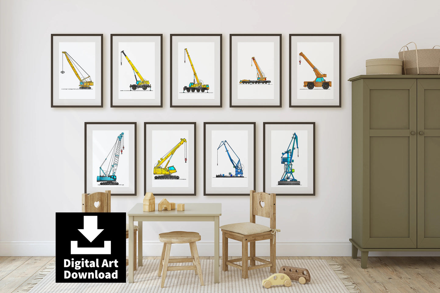 Set of 9 Construction Cranes – Digital Illustration Download, Industrial Machine Wall Art, Big Machines Printable Art