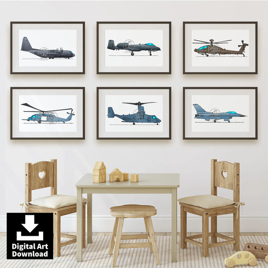 Set of 6 Military Aircraft Digital Prints – Fighter Jets & Helicopters, Air Force Wall Art