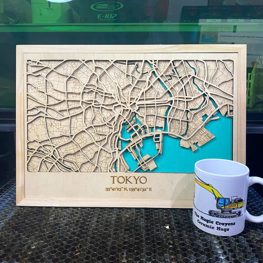 Laser-Cut Wooden Map of Tokyo – Multi-Layered A3 Framed Artwork