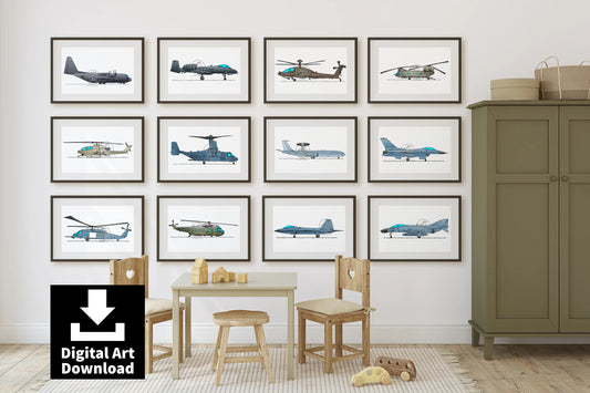 Set of 12 Military Aircraft Digital Prints – Fighter Jets & Helicopters, Air Force & Aviation Wall Art