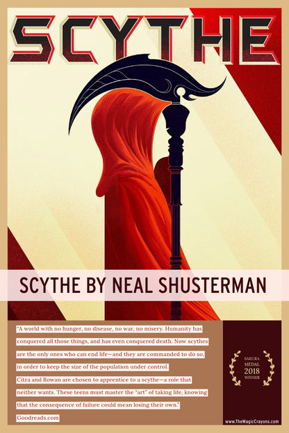 ニール・シュスターマン著『Scythe』の図書館ポスター。無料デジタルダウンロード。