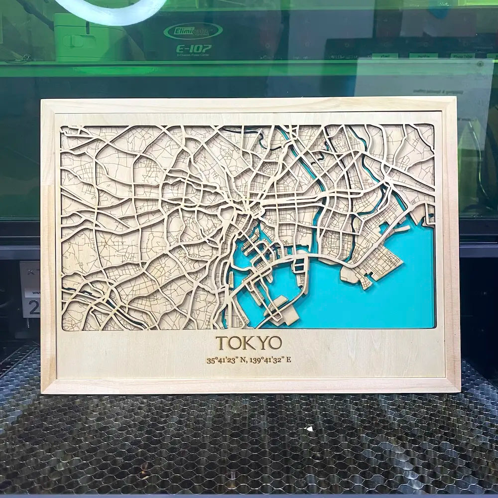 Laser-Cut Wooden Map of Tokyo – Multi-Layered A3 Framed Artwork