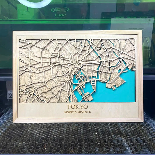 Laser-Cut Wooden Map of Tokyo – Multi-Layered A3 Framed Artwork