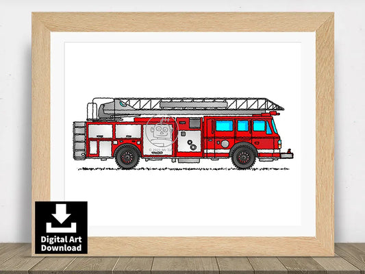 American Fire Truck – Hook and Ladder - Digital Illustration Download (E051)