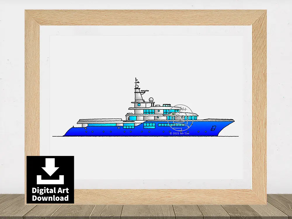 Arctic Explorer Superyacht – Blue-Hulled Digital Illustration Download (E077)