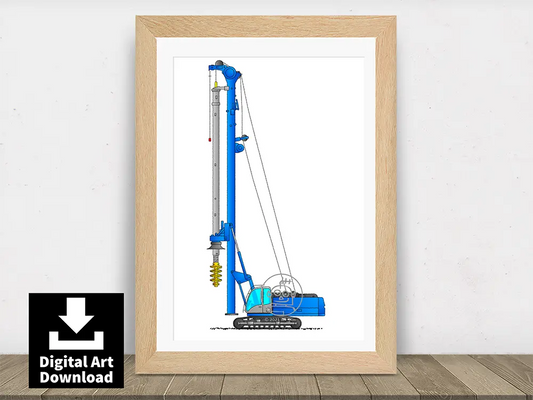 Blue Boring Machine – Pile Drilling Equipment Digital Illustration Download (E121)