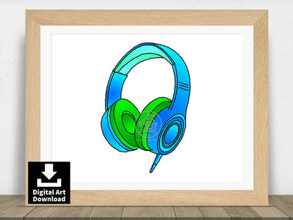 Blue and Green DJ Headphones – Digital Illustration Download (E044)