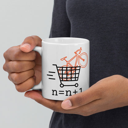 Cyclist Coffee Mug – "N = N + 1" with Speeding Shopping Cart Design