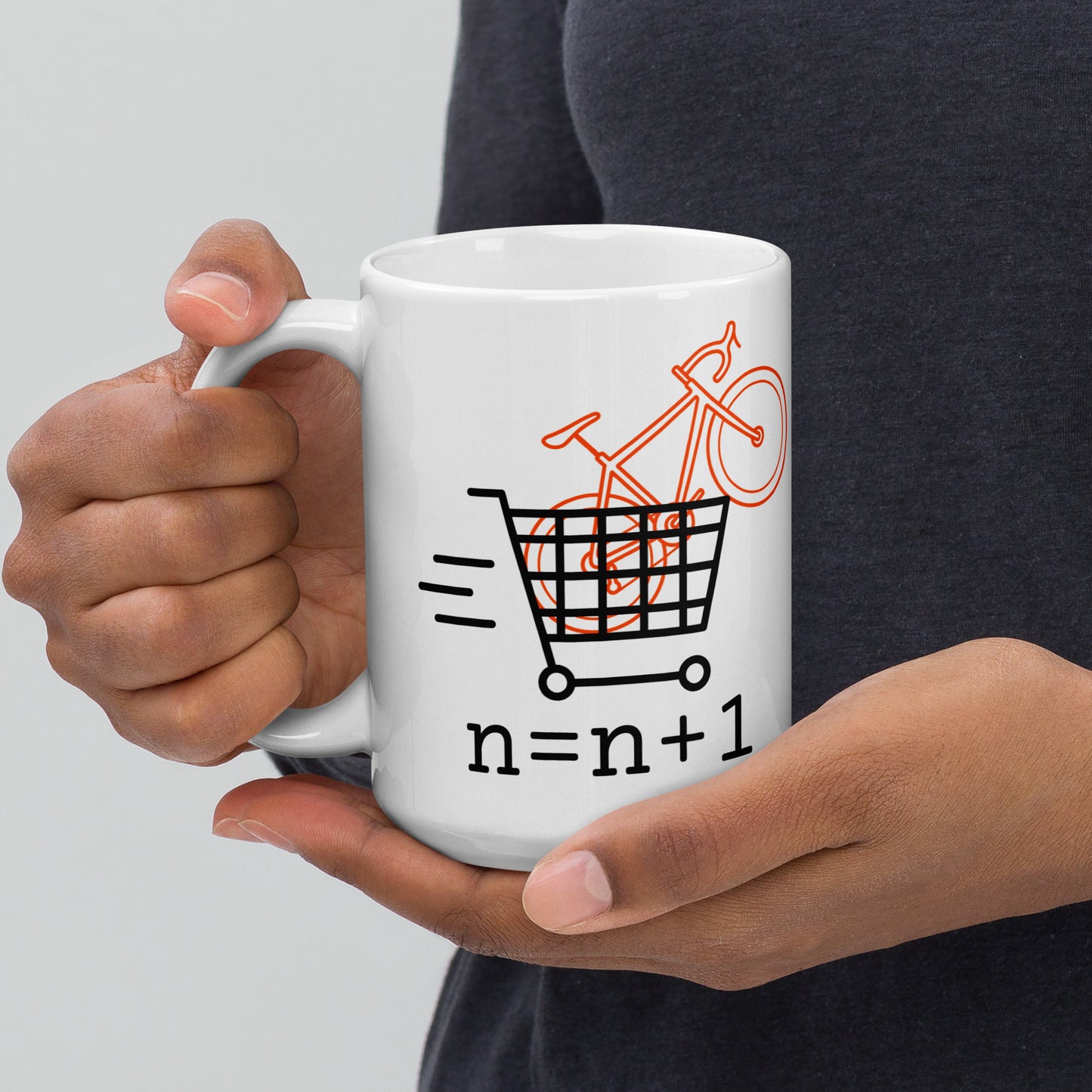 Cyclist Coffee Mug – "N = N + 1" with Speeding Shopping Cart Design