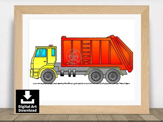 Garbage Truck / Rubbish Truck – Yellow and Red Digital Illustration Download (E027)