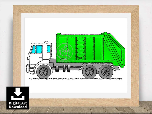 Garbage Truck – White Cab and Green Body Digital Illustration Download (E122)