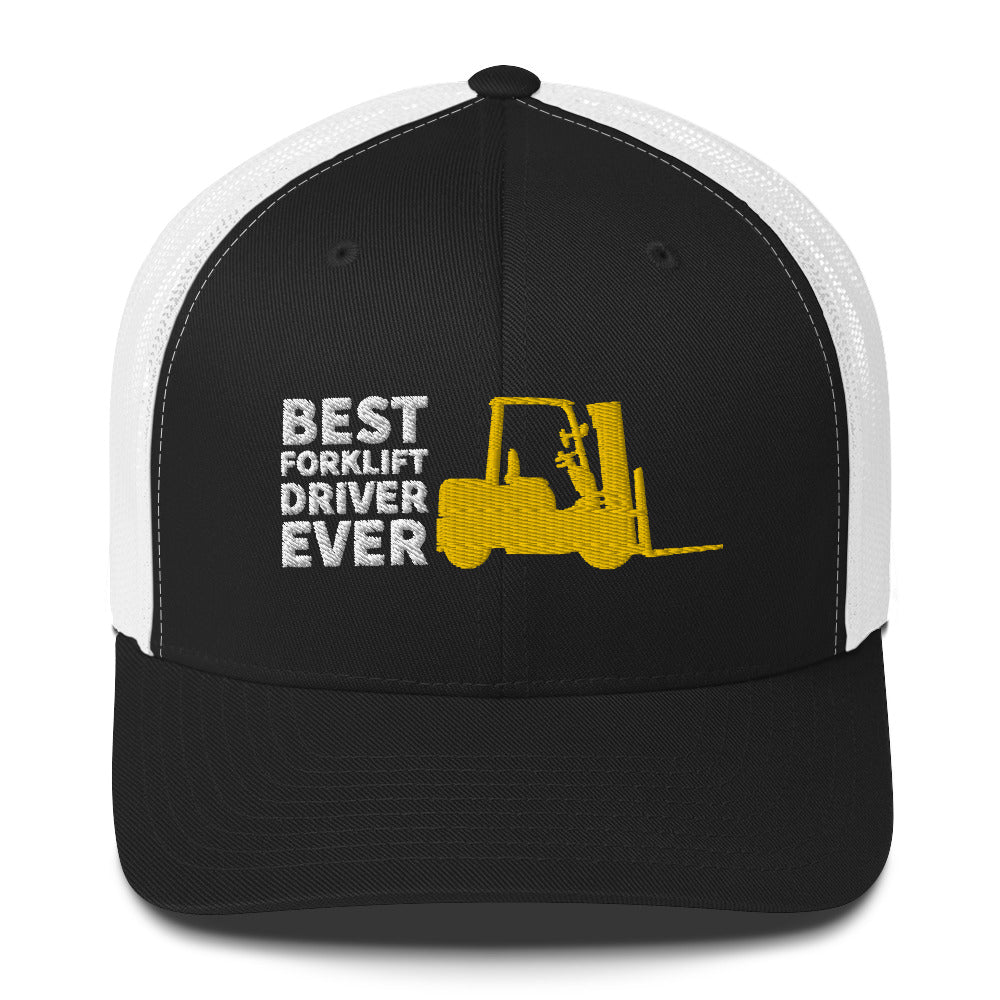 Best Forklift Driver Ever Cap. Trucker Cap With Embroidered Yellow Forklift