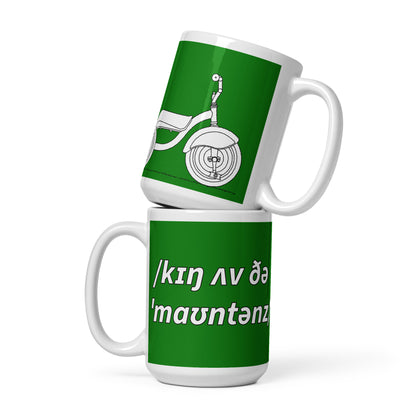 King Of The Mountains Cyclist Mug, Green, Phonetic Spelling