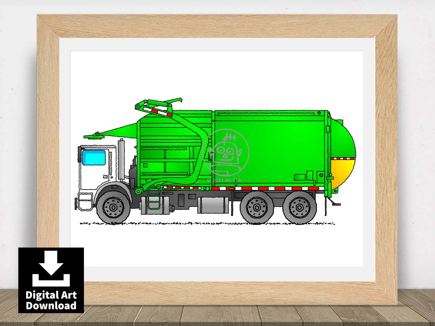 Garbage Truck / Rubbish Lorry with White Cab and Green Body - Digital Illustration Download (E123)